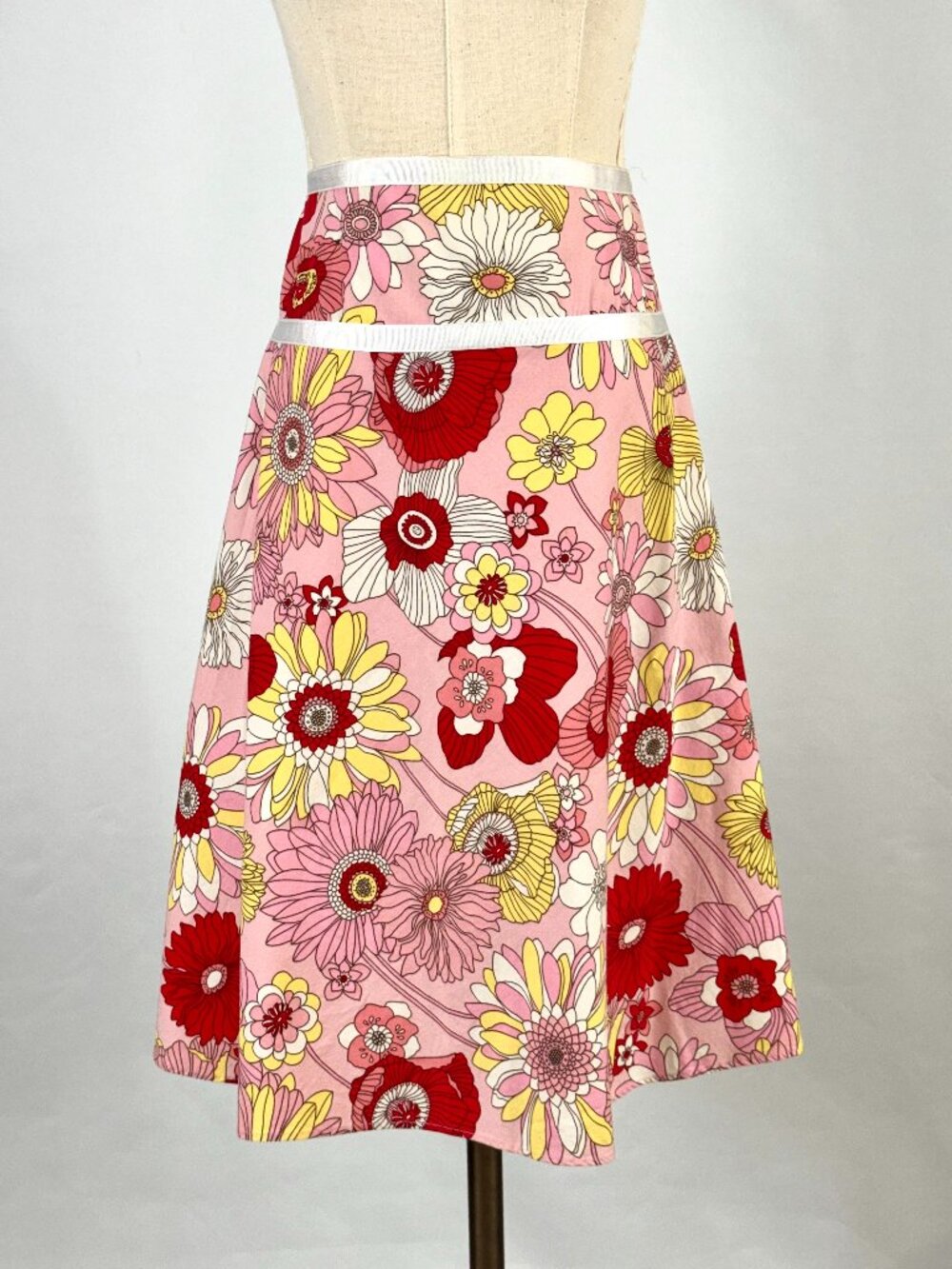 Vtg Y2K Pink Floral Cotton Skirt Grosgrain Trim Lizzie McGuire Flower Power